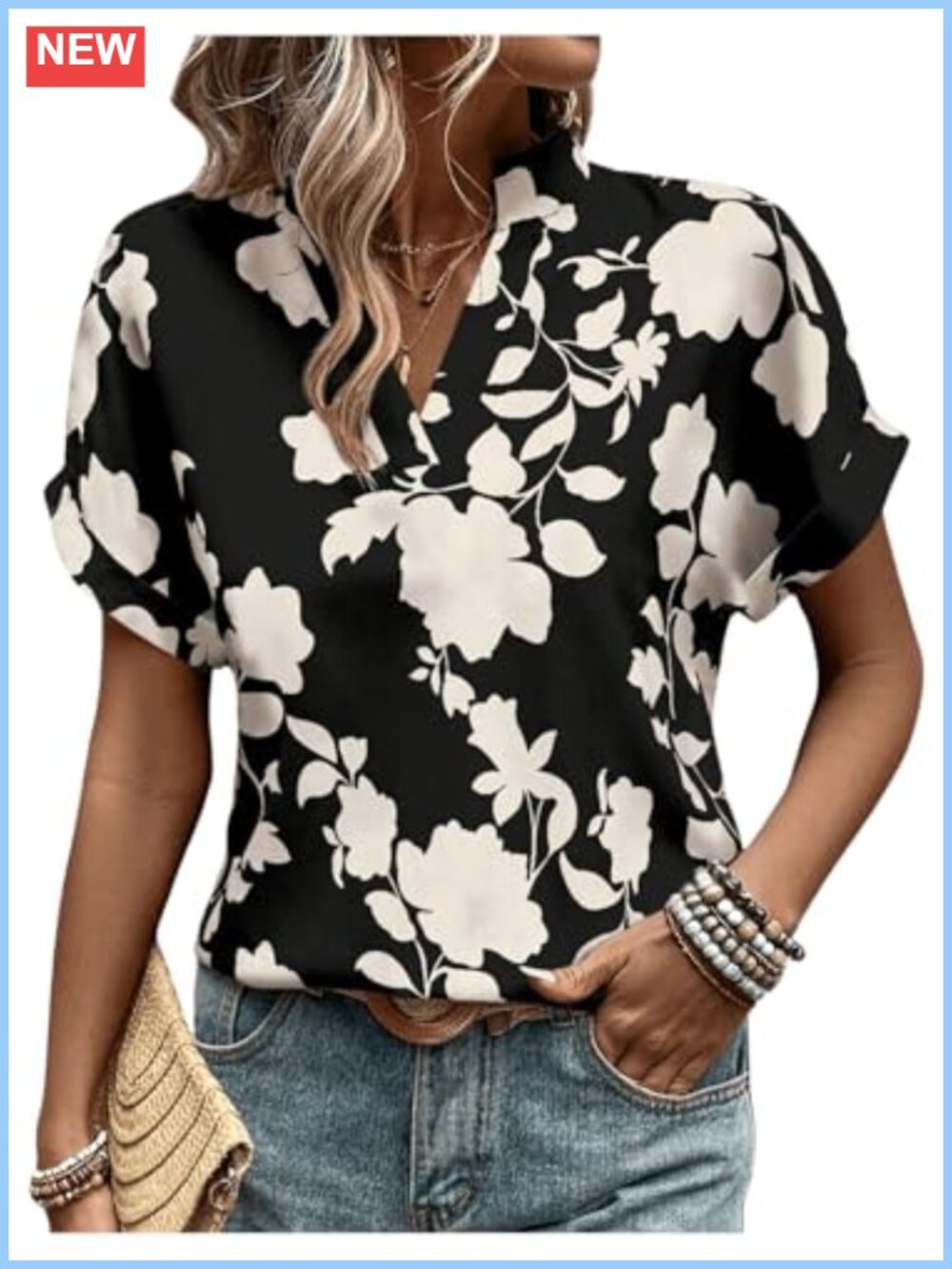 Floral Print Short Sleeve Blouse Notched Neck Casual Top